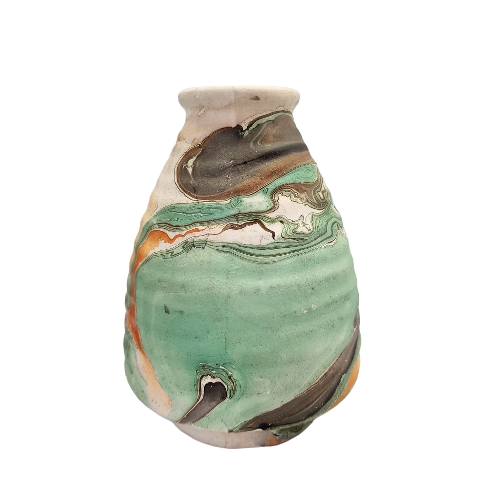 Nemadji Indian Clay Pottery Beehive Vase Shape Green Orange Gray Swirl Pattern